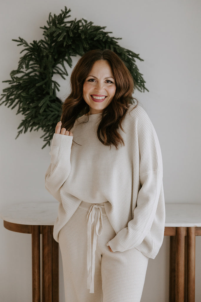 Waffle Textured Sweater & Pant Set - Oat