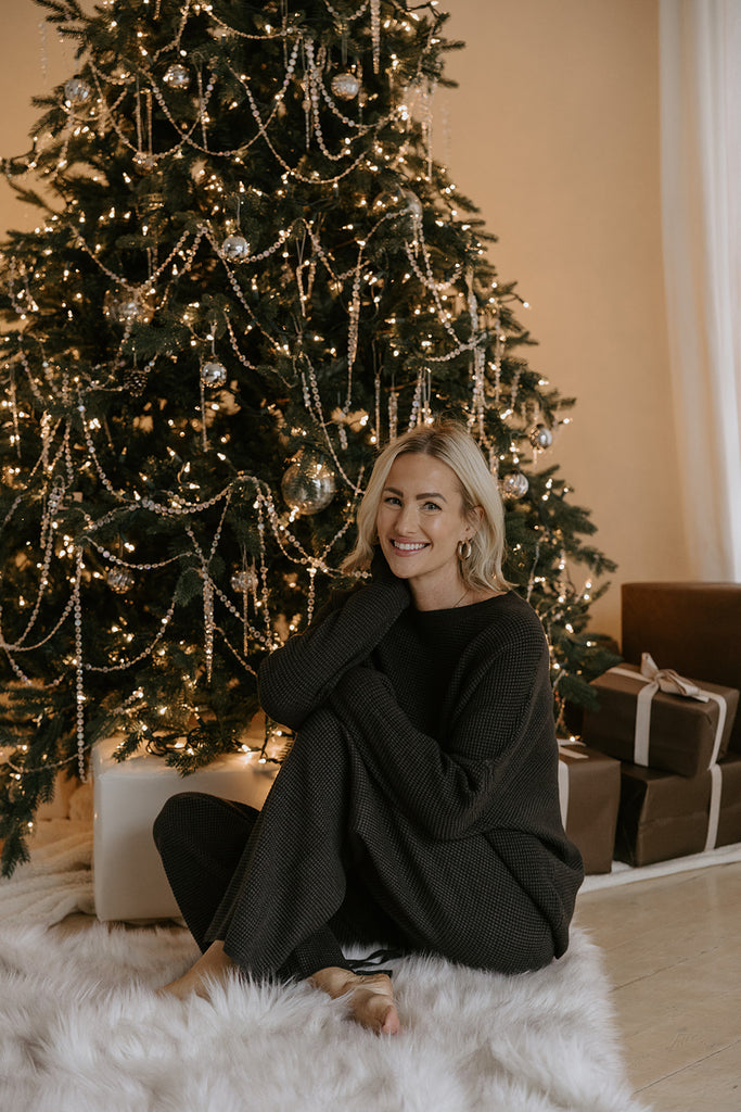 Waffle Textured Sweater & Pant Set - Charcoal