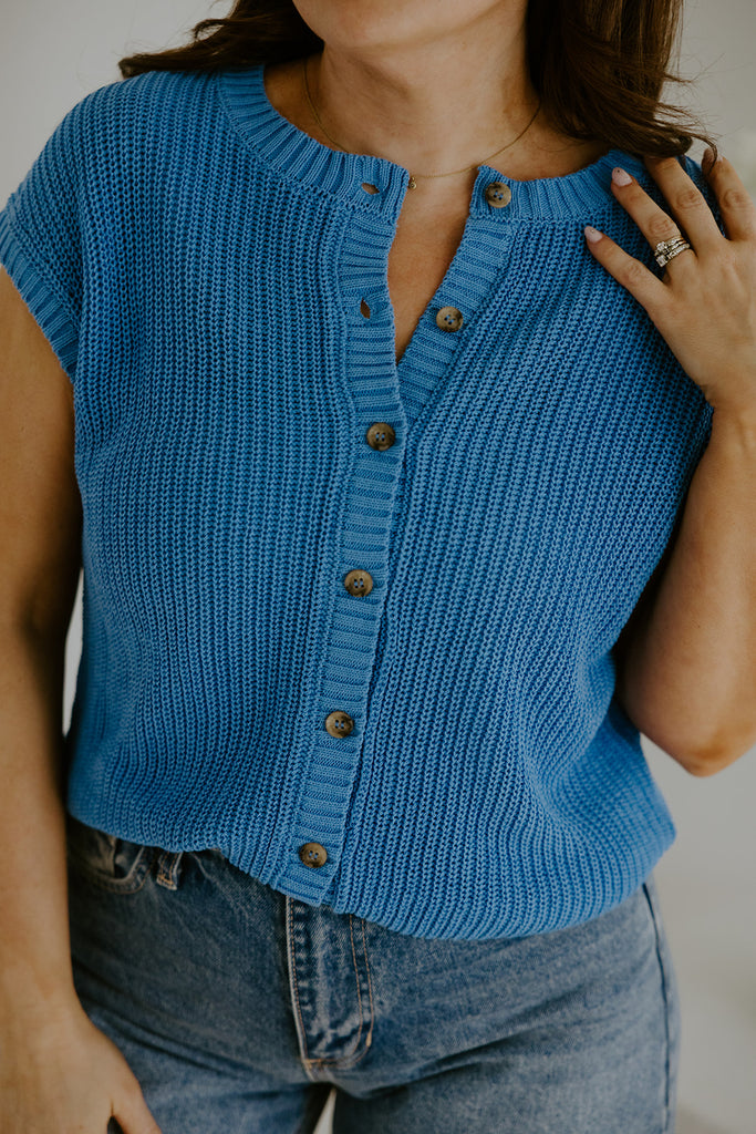 Knit Button Down Vest - Blue