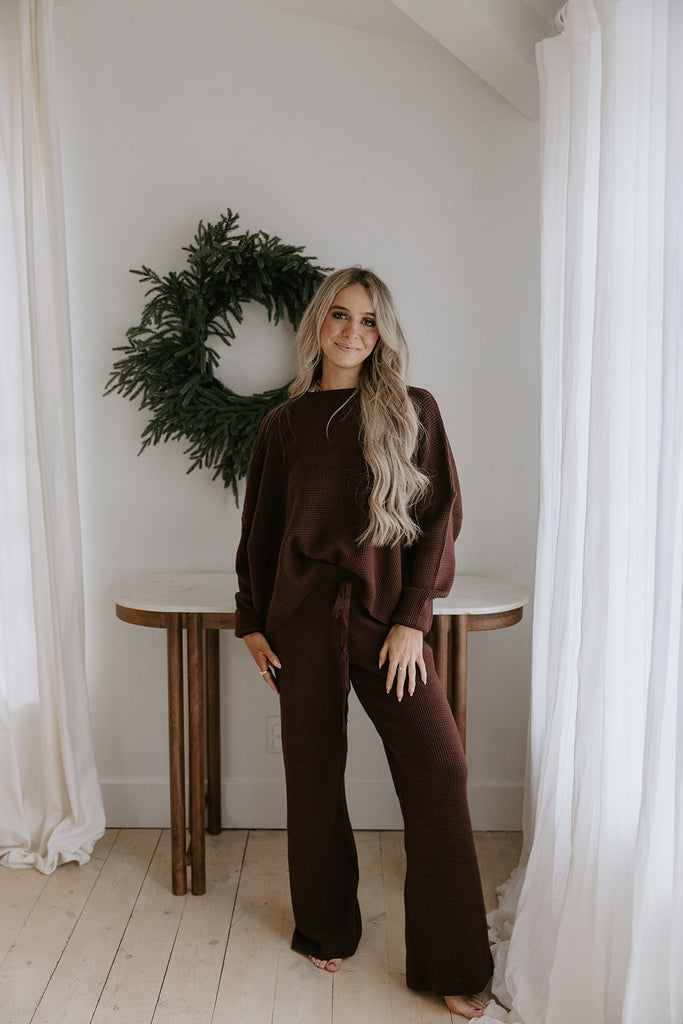 Waffle Textured Sweater & Pant Set - Cacao