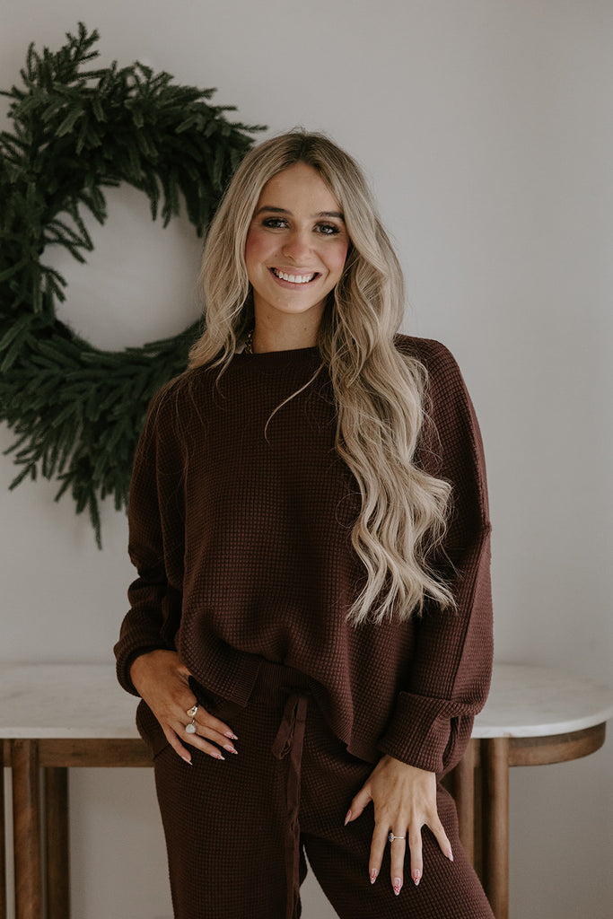 Waffle Textured Sweater & Pant Set - Cacao