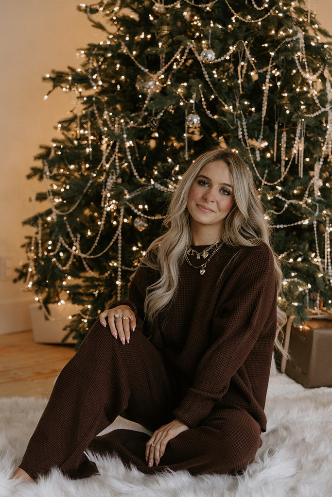 Waffle Textured Sweater & Pant Set - Cacao