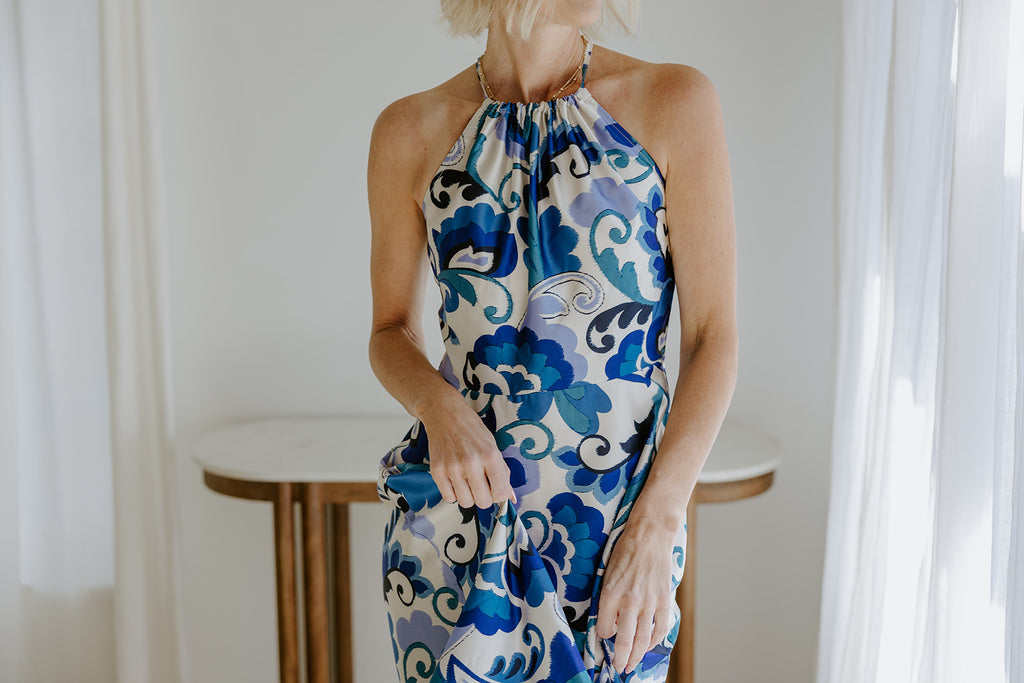 Halter Printed Maxi Dress - Blue