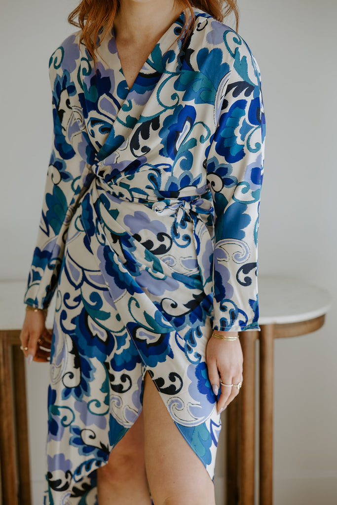 Long Sleeve Printed Wrap Dress