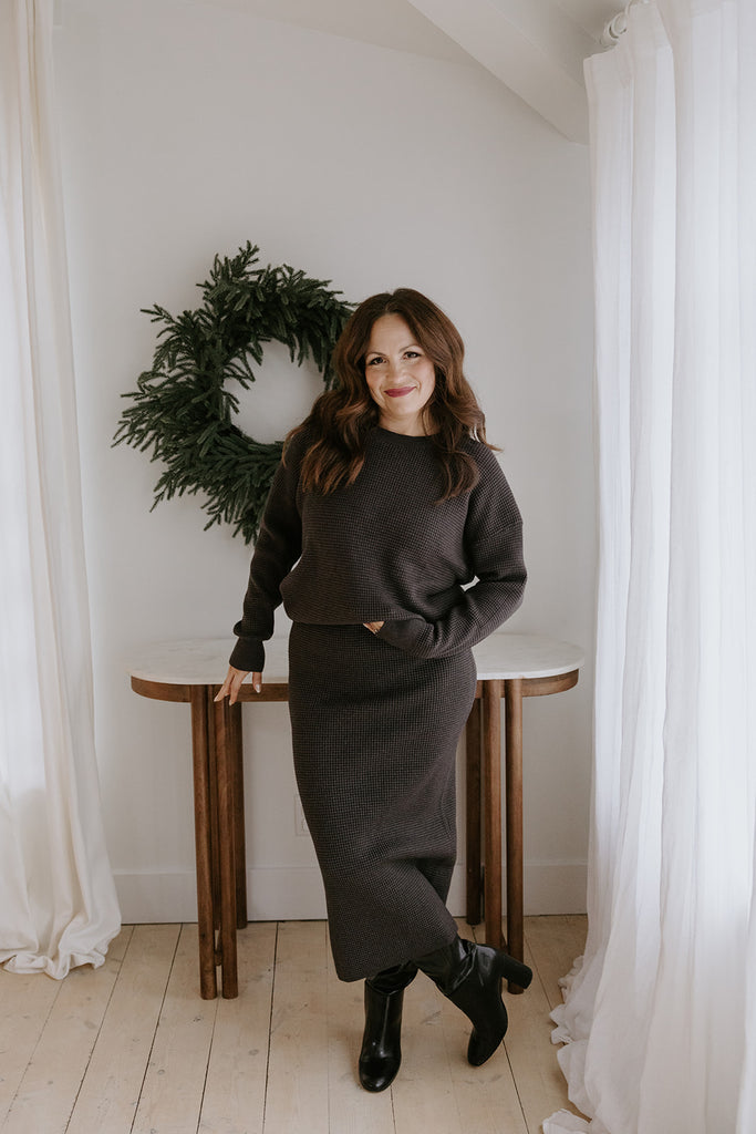 Waffle Sweater & Skirt Set - Heather Charcoal