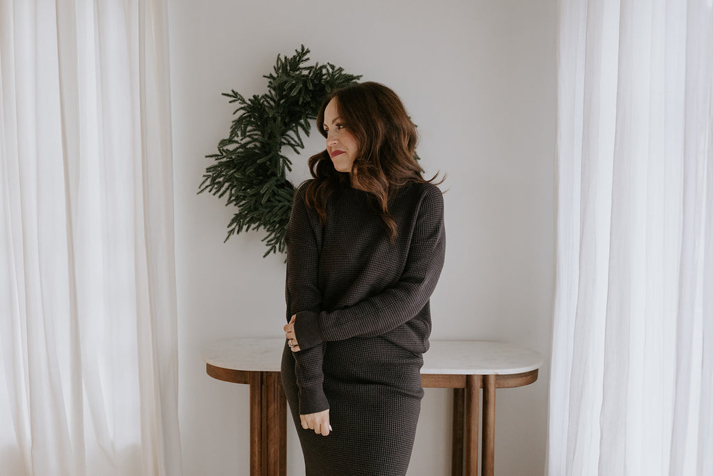 Waffle Sweater & Skirt Set - Heather Charcoal