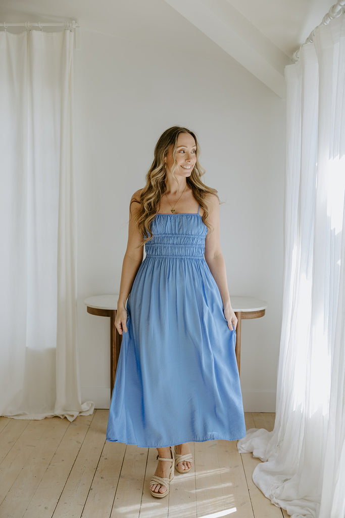 Lightweight Ruched Top Midi Dress - Blue