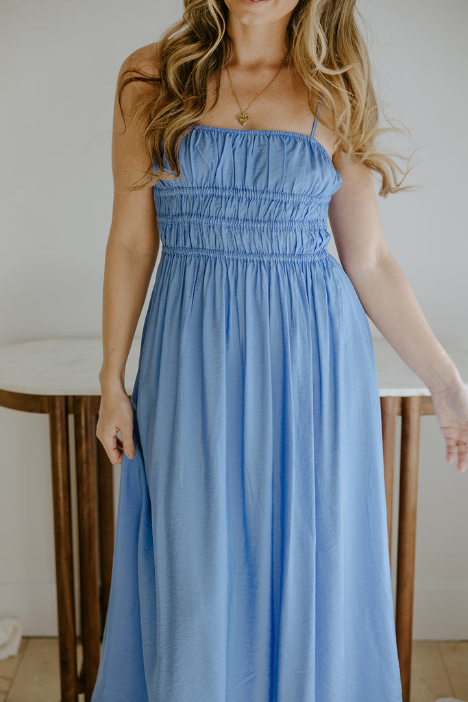 Lightweight Ruched Top Midi Dress - Blue