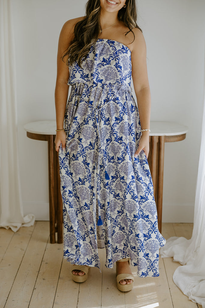 Strapless Printed Belted maxi Dress