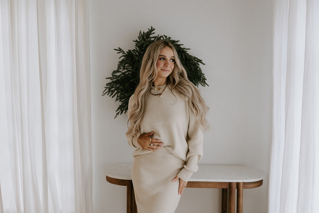 Waffle Sweater & Skirt Set - Oat