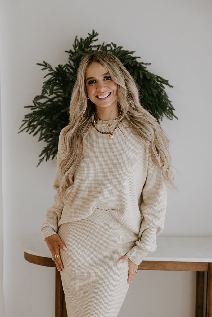 Waffle Sweater & Skirt Set - Oat