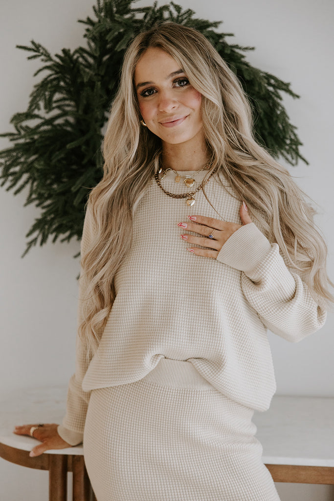 Waffle Sweater & Skirt Set - Oat