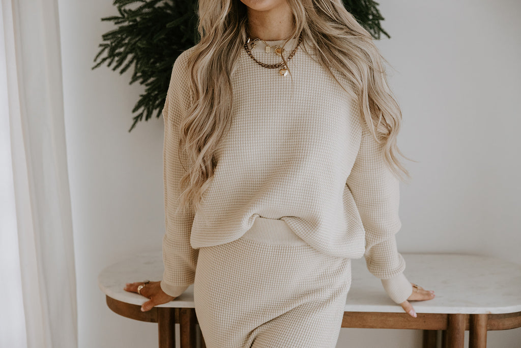 Waffle Sweater & Skirt Set - Oat