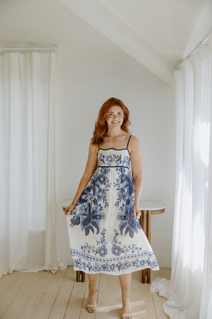 Scallop Trim Floral Midi Dress - Blue