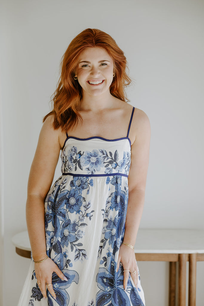 Scallop Trim Floral Midi Dress - Blue