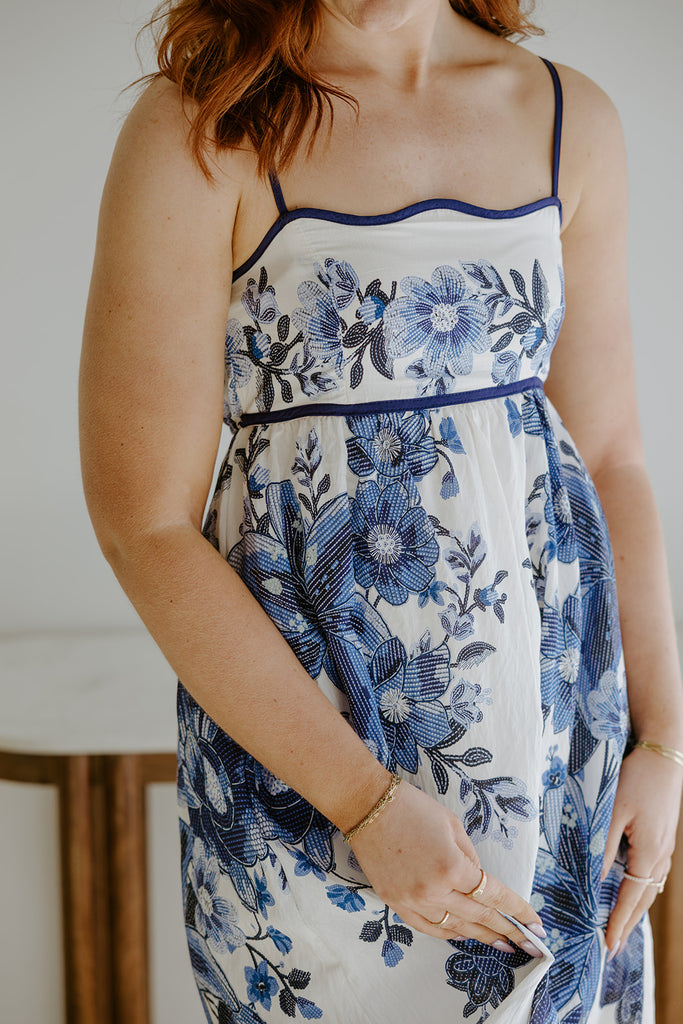 Scallop Trim Floral Midi Dress - Blue