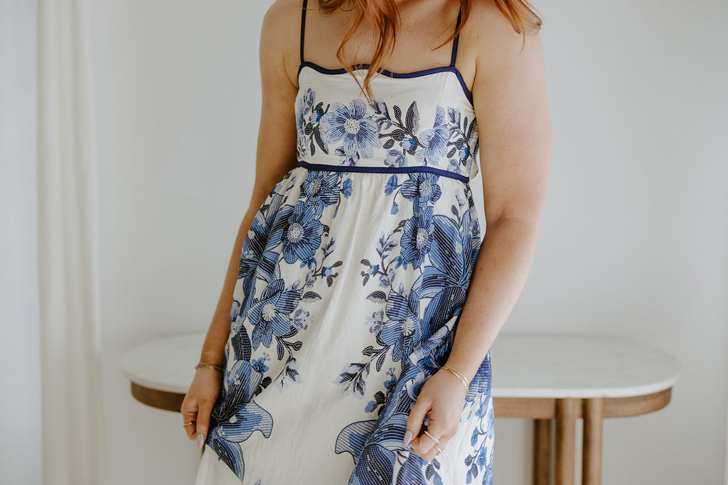 Scallop Trim Floral Midi Dress - Blue