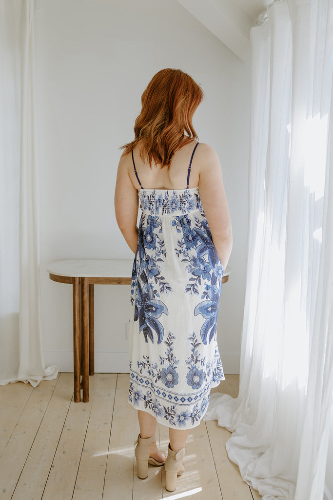 Scallop Trim Floral Midi Dress - Blue