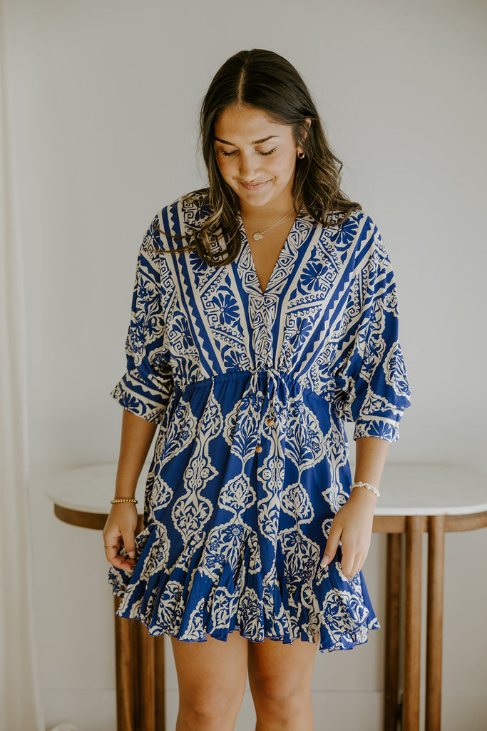 Dolman Front Tie Mini Dress - Royal Blue