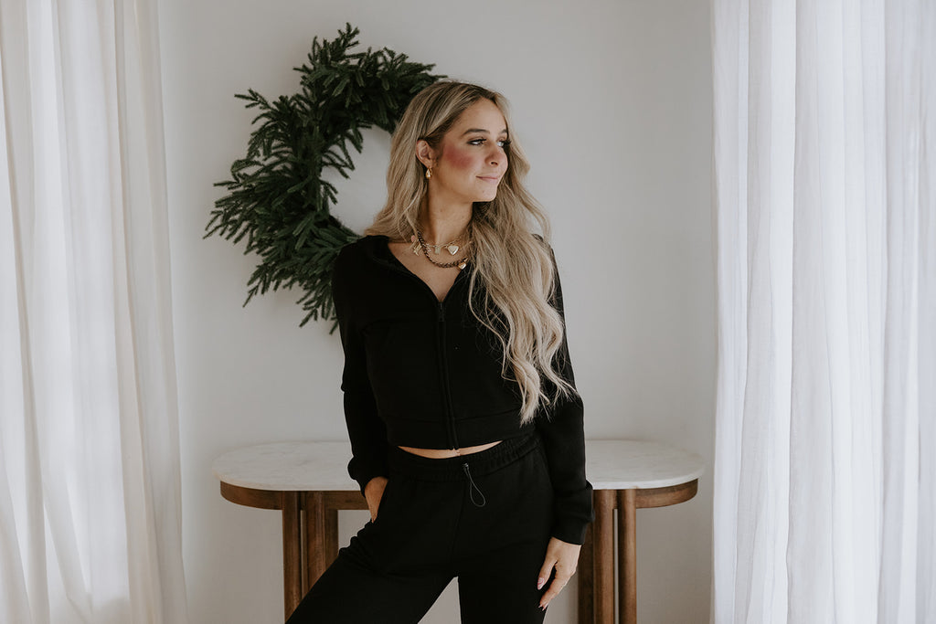 Lightweight Zip Up Hoodie & Pant Set - Black