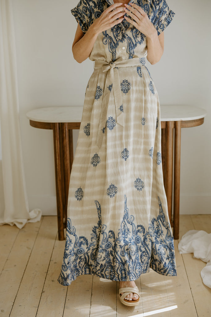 Button Down Belted Maxi - Blue