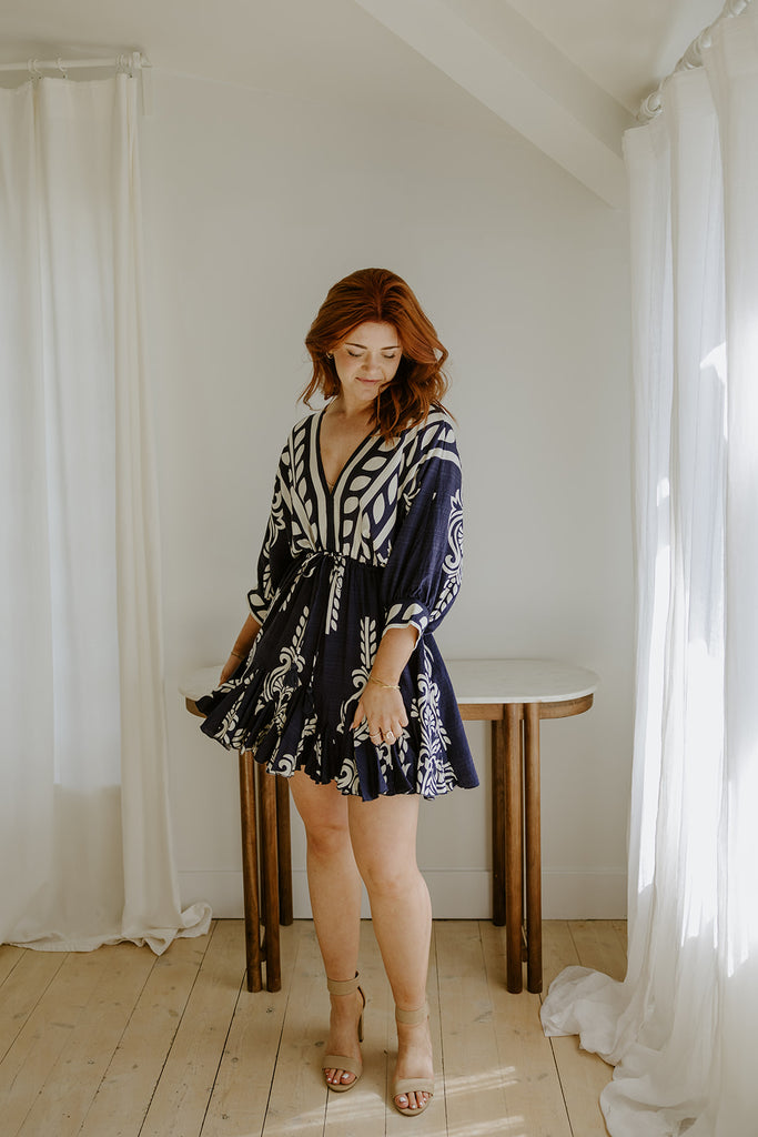 Dolman Front Tie Mini Dress - Navy/White