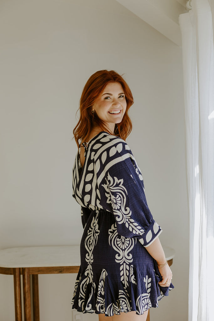 Dolman Front Tie Mini Dress - Navy/White