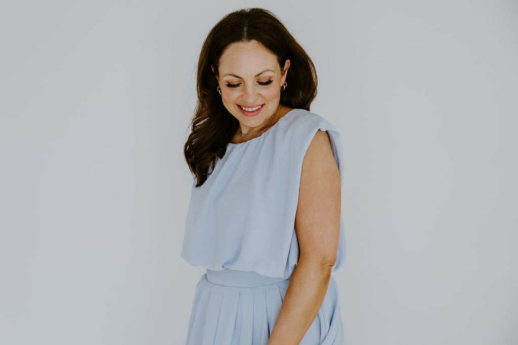 Bubble Top & Flowy Midi Skirt Set - Blue