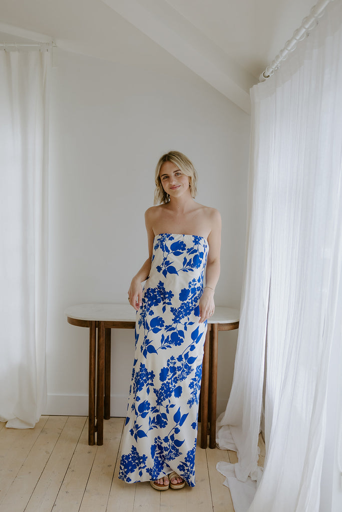 Tube Top Floral Maxi Dress - Blue