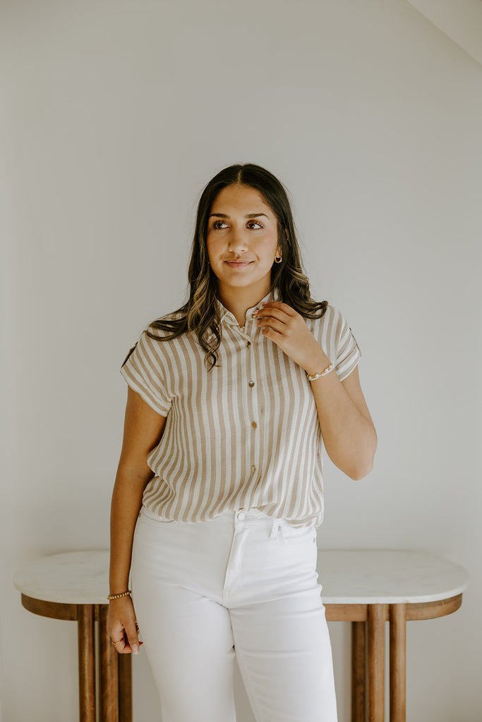 Lightweight Short Sleeve Stripe Shirt - Khaki