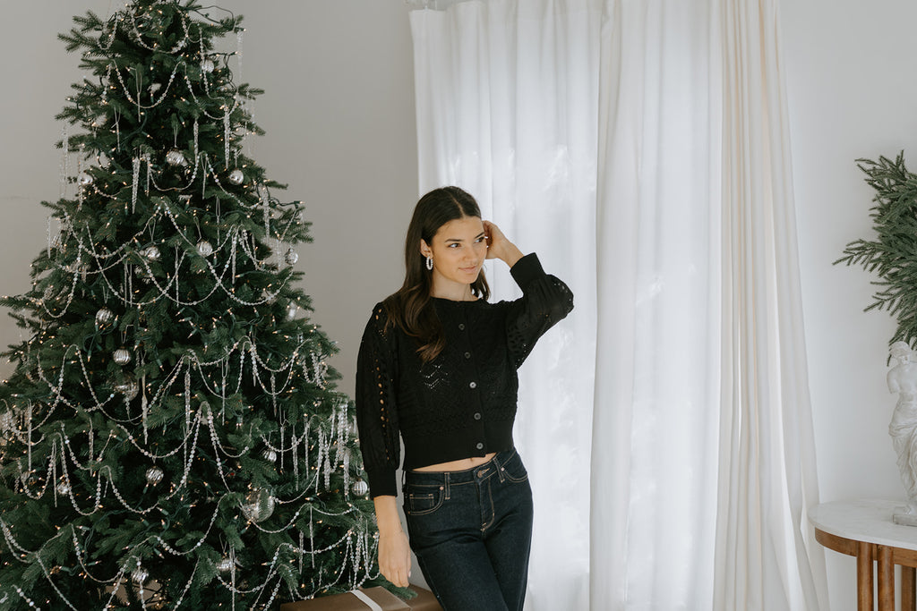 Crochet Mixed Material Cardigan - Black