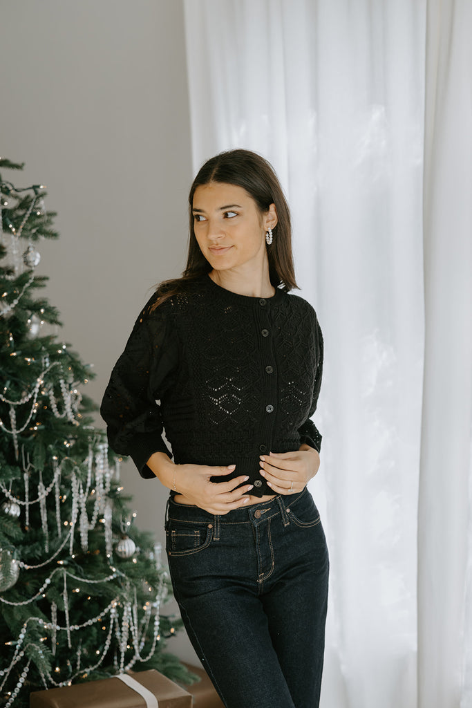 Crochet Mixed Material Cardigan - Black