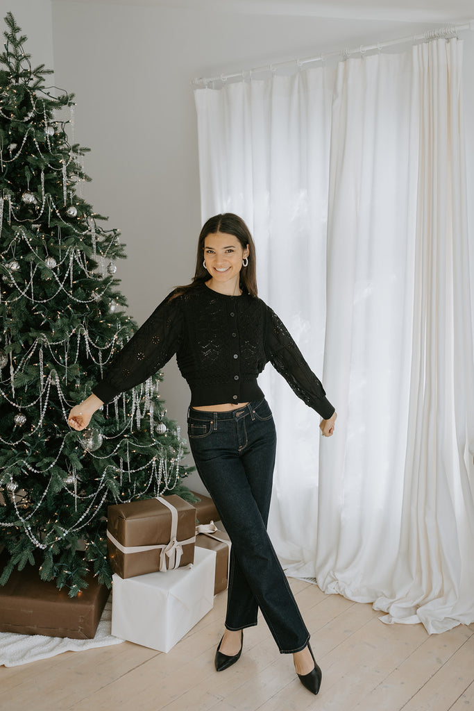 Crochet Mixed Material Cardigan - Black