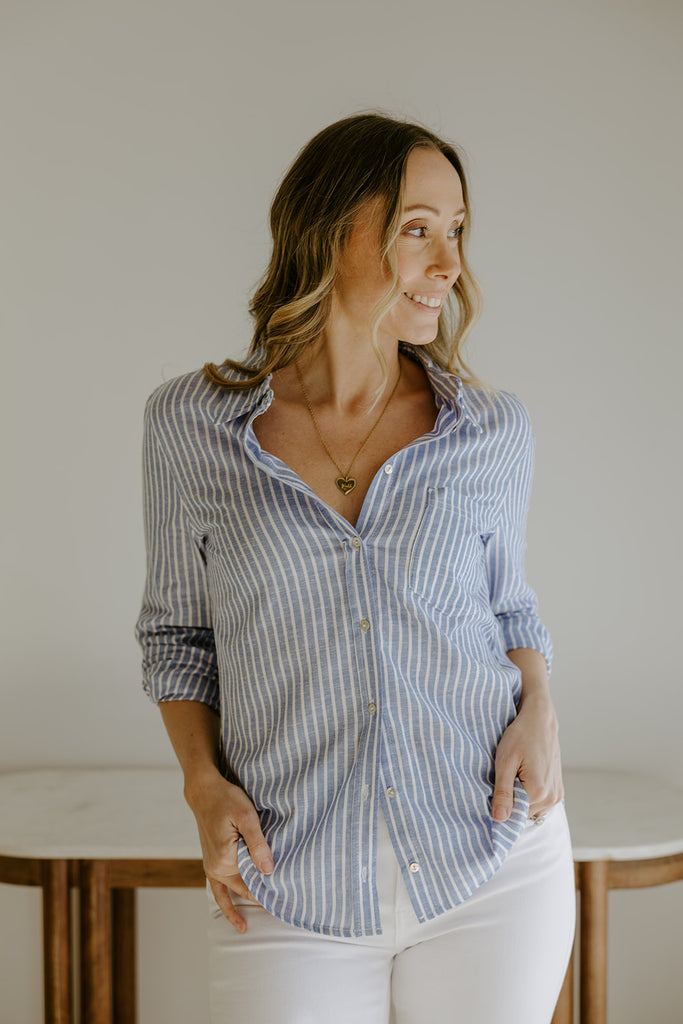 Thin Stripe Button Up - Blue