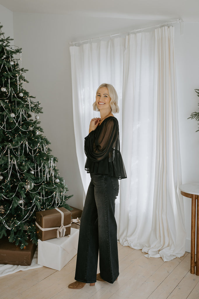 Sheer Long Sleeve Blouse - Black