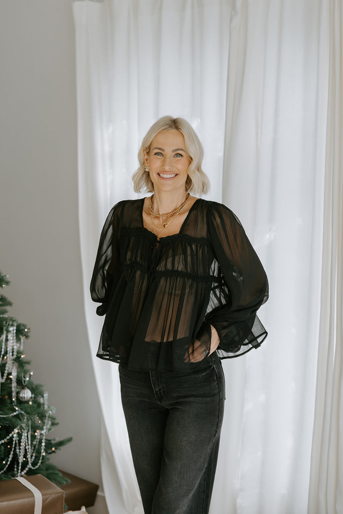 Sheer Long Sleeve Blouse - Black