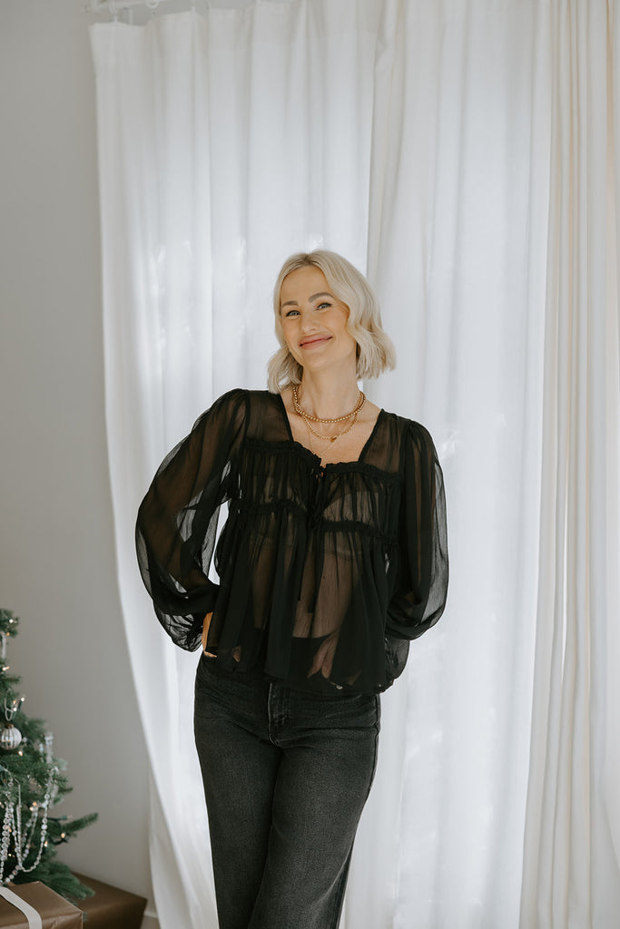 Sheer Long Sleeve Blouse - Black