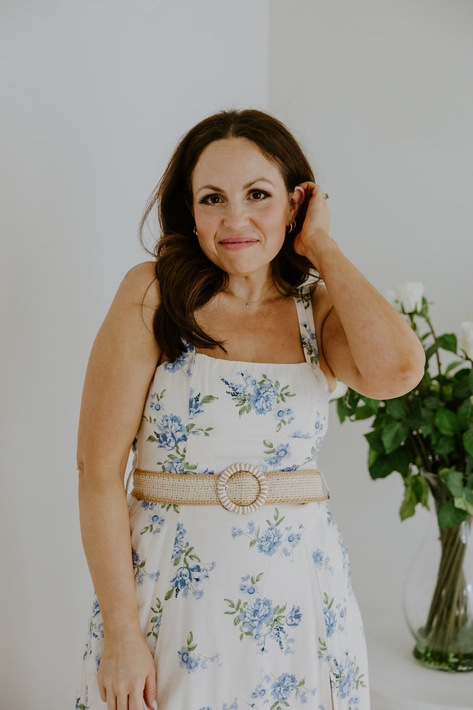 Dream Blue Linen Midi Dress with Belt