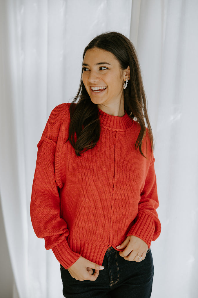 Exposed Seam Sweater with Front Seam - Red