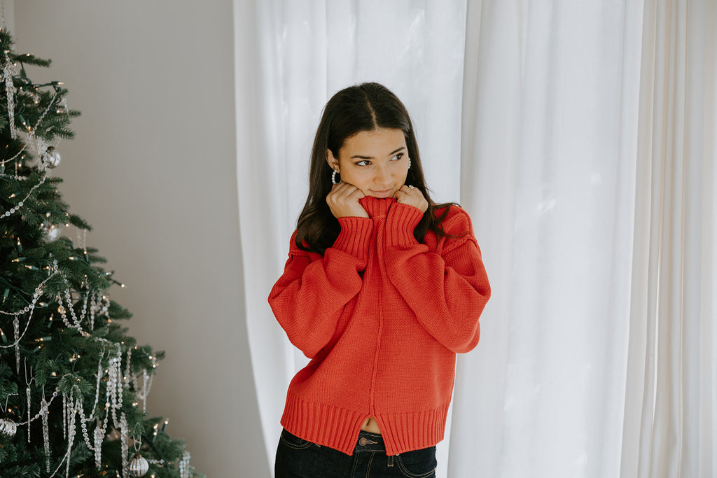 Exposed Seam Sweater with Front Seam - Red