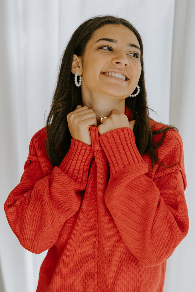 Exposed Seam Sweater with Front Seam - Red