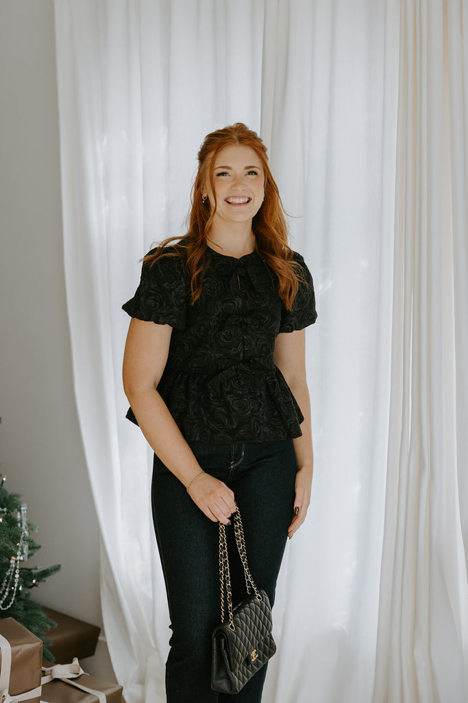 Rose Textured Tie Front Blouse - Black