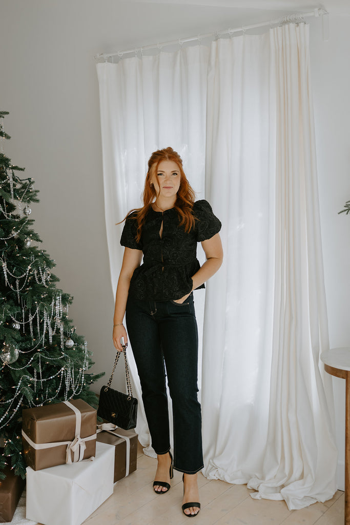 Rose Textured Tie Front Blouse - Black