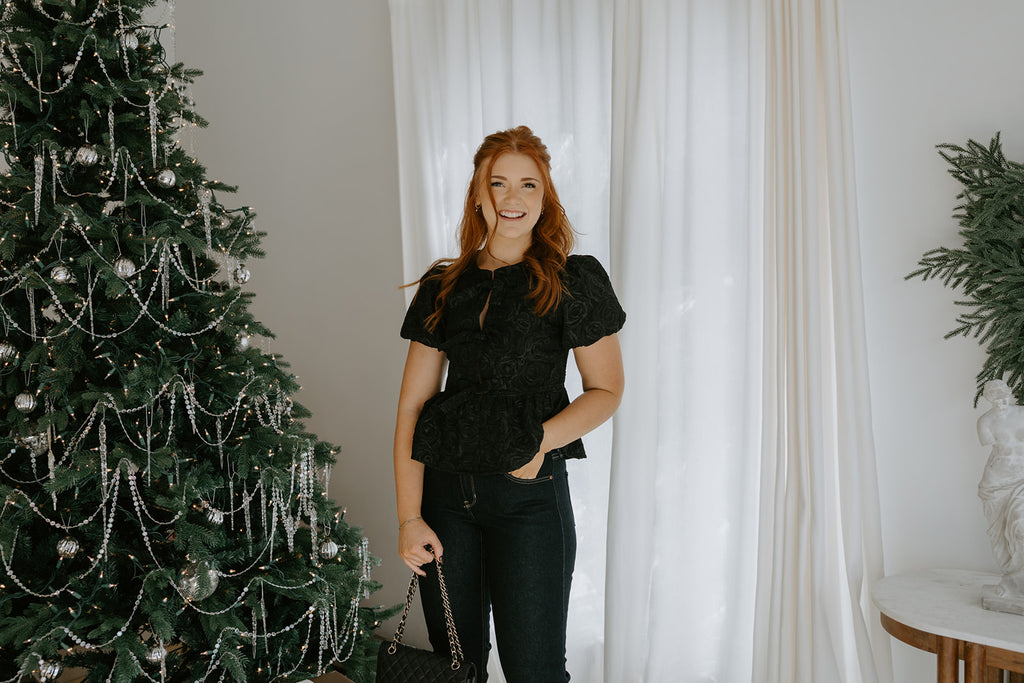 Rose Textured Tie Front Blouse - Black