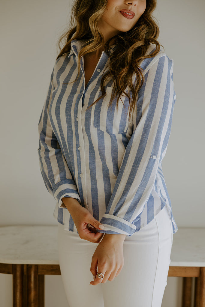 Thick Stripe Button Up - Blue