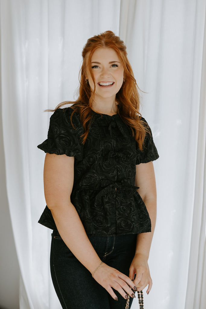 Rose Textured Tie Front Blouse - Black