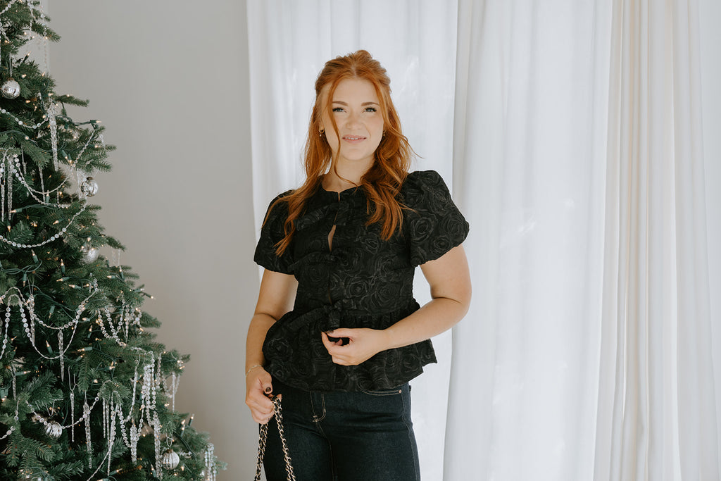 Rose Textured Tie Front Blouse - Black