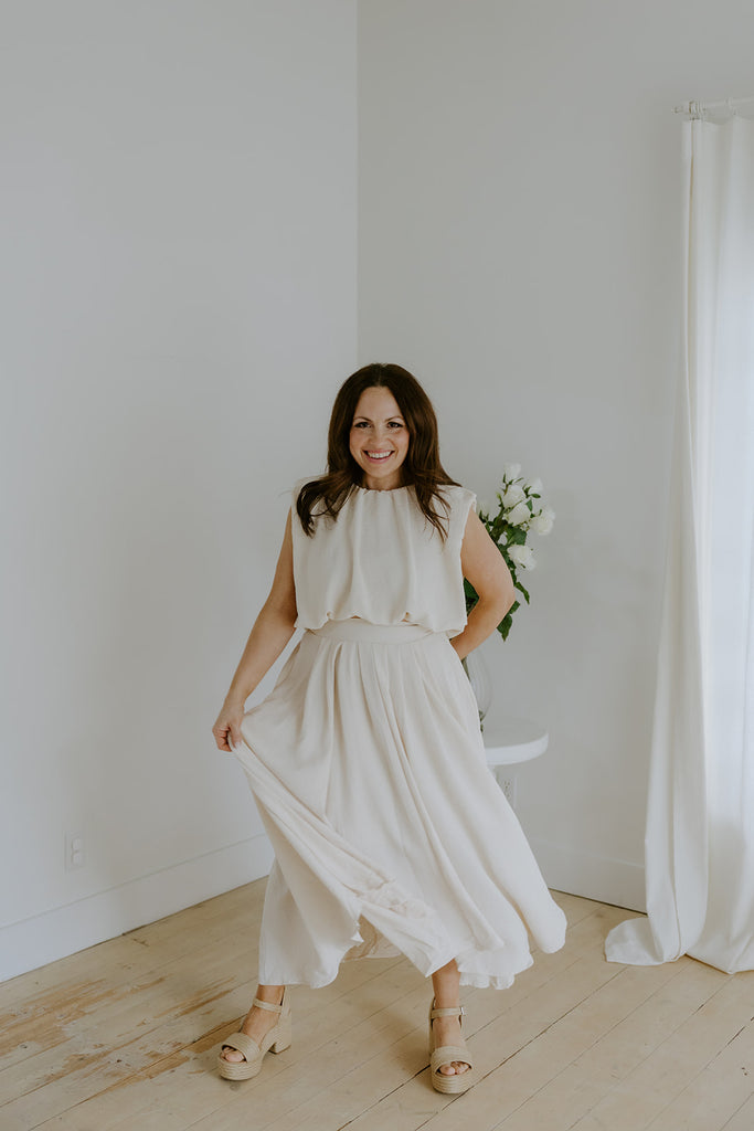 Bubble Top & Flowy Midi Skirt Set - Natural