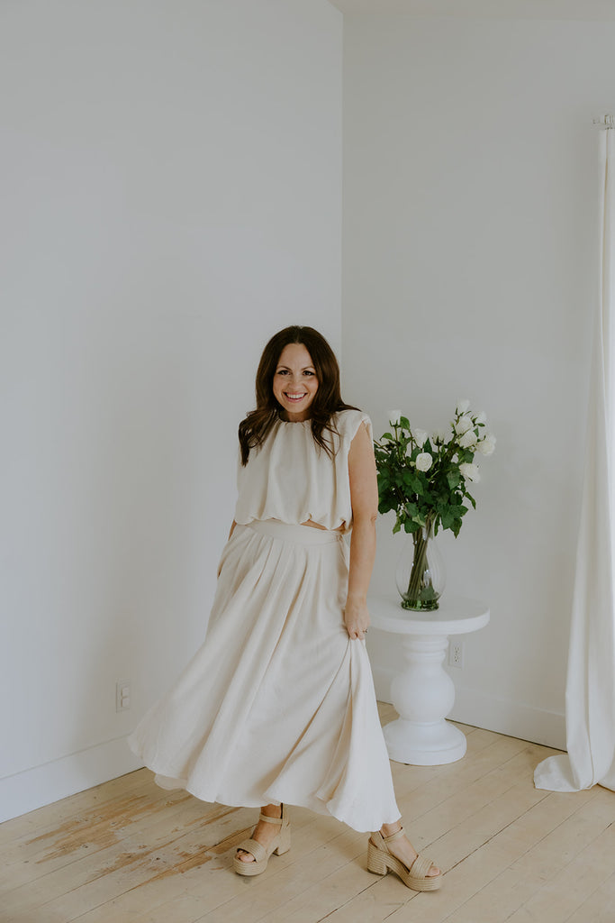 Bubble Top & Flowy Midi Skirt Set - Natural