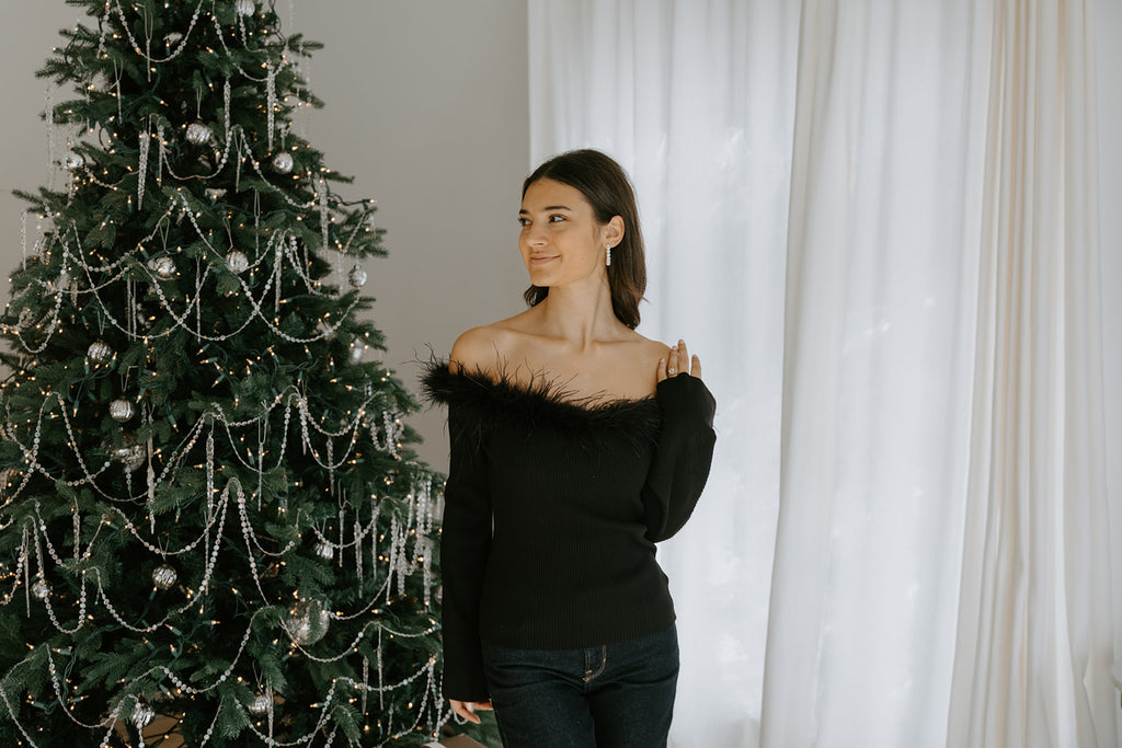 Off Shoulder Sweater with Feathers